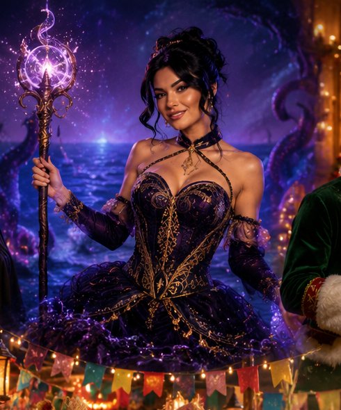 Bruxa do Mar com cajado mágico iluminado e vestido roxo e dourado