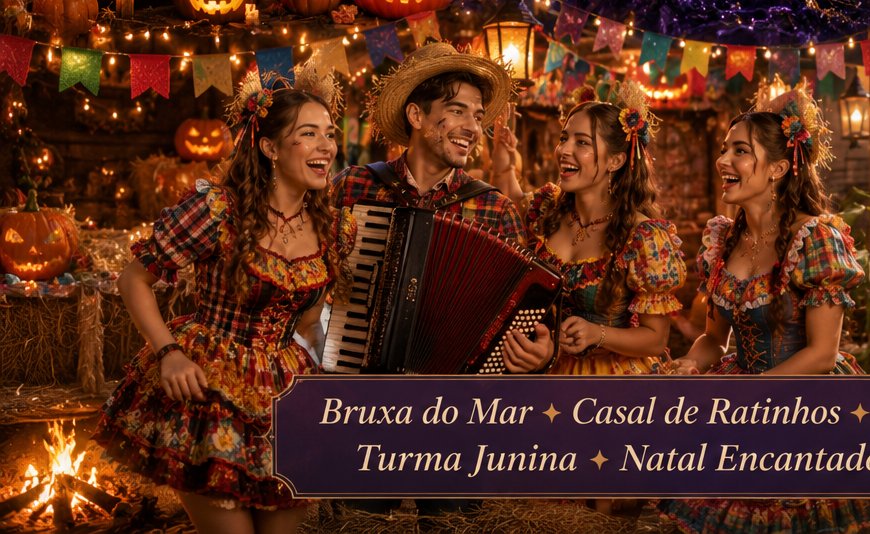 Grupo da turma junina dançando ao som da sanfona com bandeirinhas coloridas ao fundo