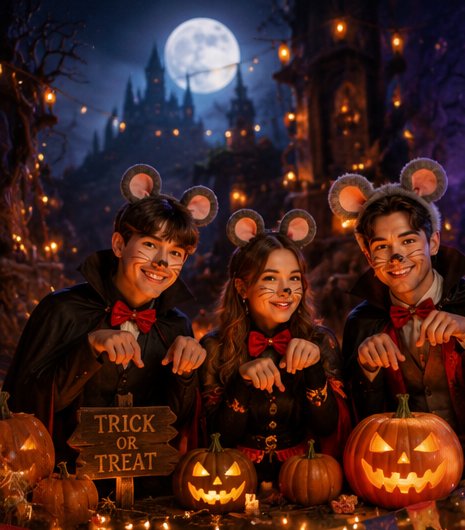 Crianças caracterizadas de ratinhos em volta de abóboras iluminadas na noite de Halloween