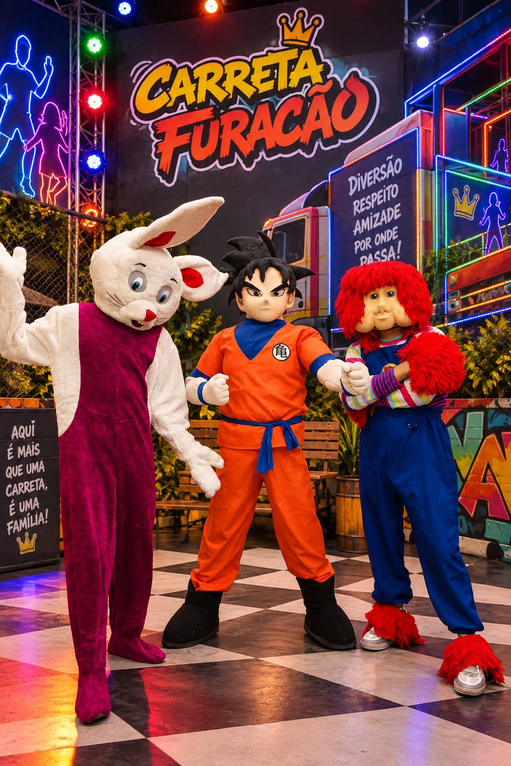 O trio da carreta diante do painel iluminado, prontos para a dança
