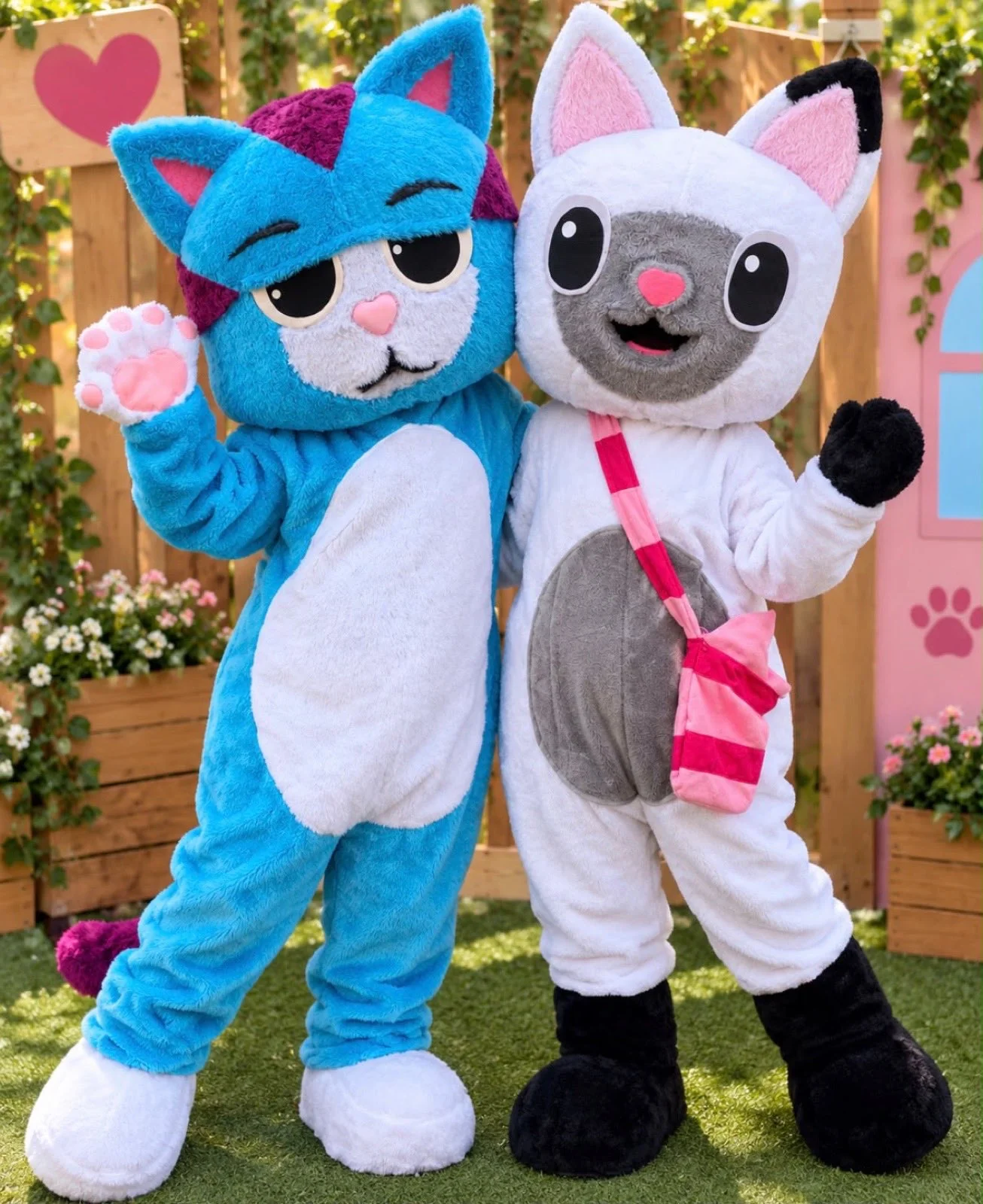 Os dois gatinhos da casa de bonecas, o azul e a branca de bolsinha rosa, acenando
