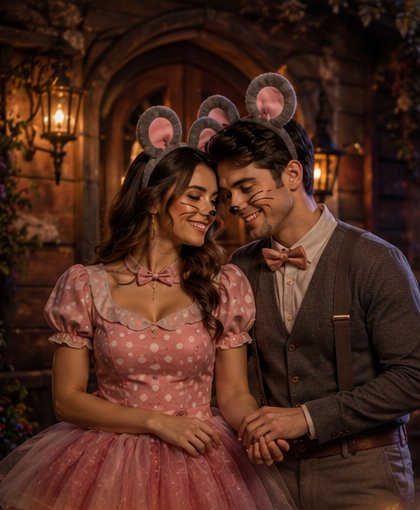 Casal de ratinhos, ela de vestido rosa e ele de terno, sorridentes